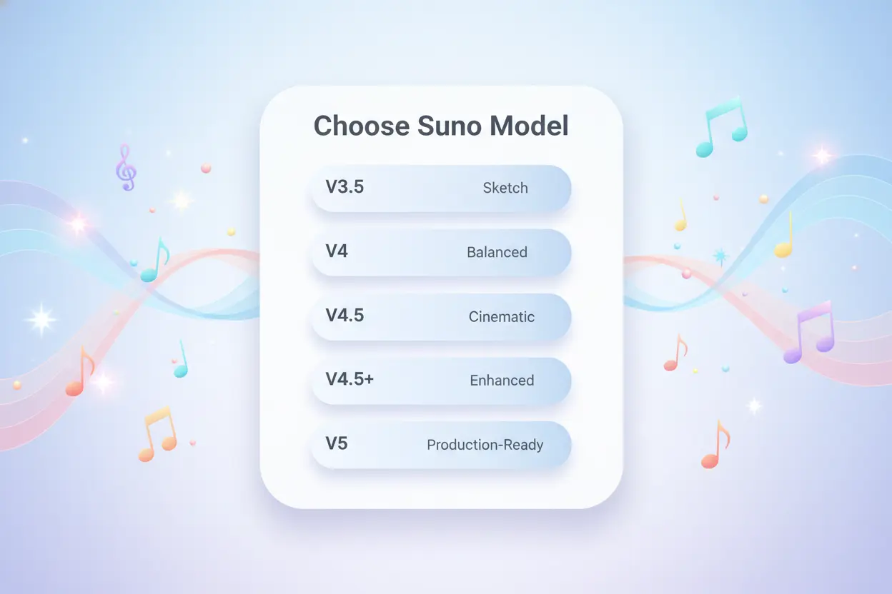 Explorez les modèles Suno AI (V3.5–V5) pour tous les styles et ambiances